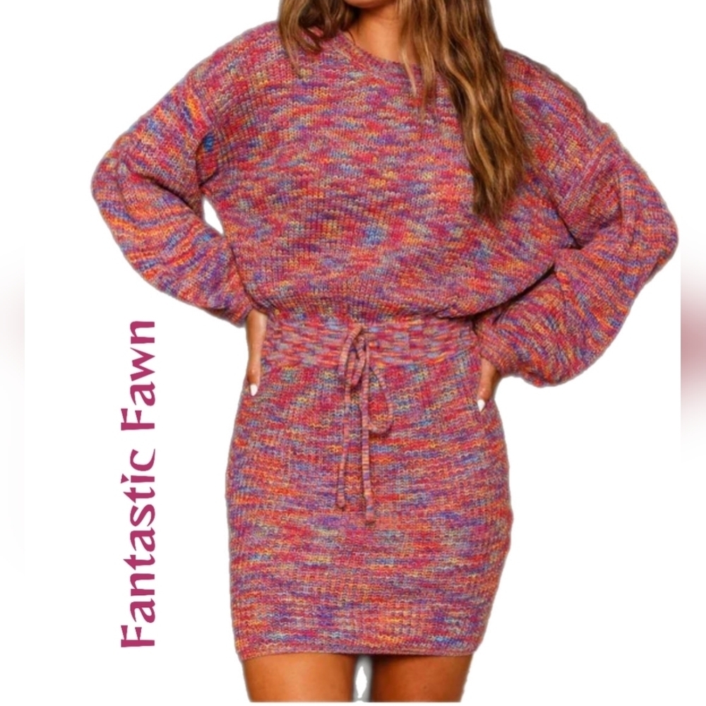 Fantastic Fawn Womens Knit Mini Dress Sz M Space Dye Multi Color Tie Waist